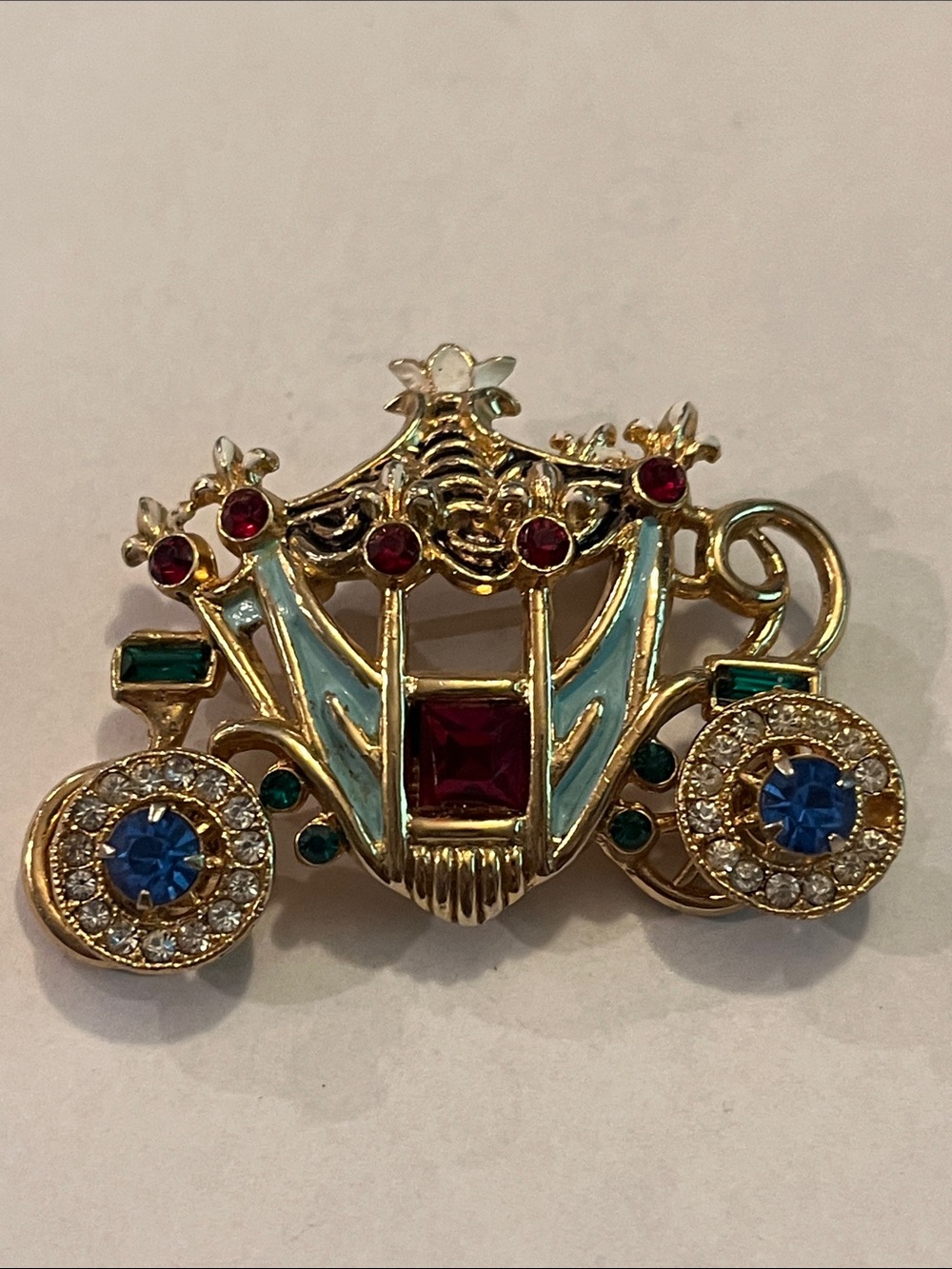 Vntg. Gold-Tone Coronation Carriage Brooch with Blue, Red and Green Accents